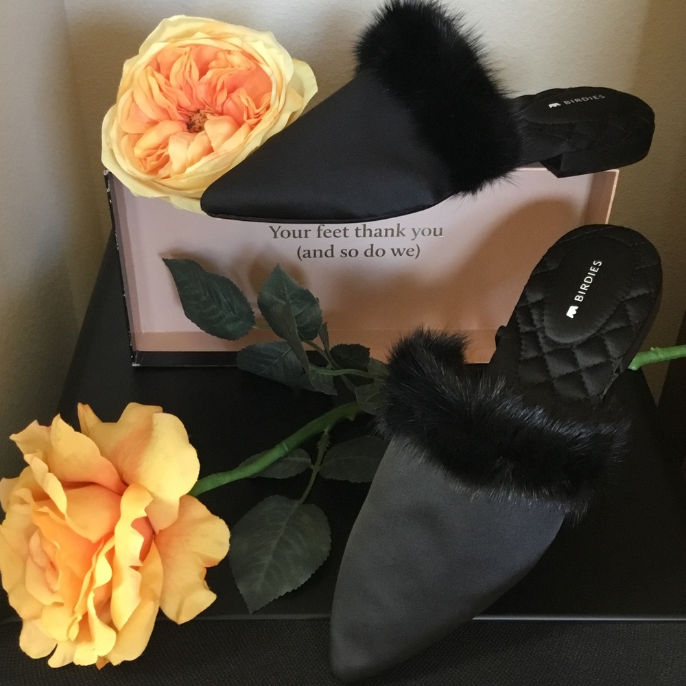 NEW Birdies The Dove Onyx Mink Fur Pointed Mule shoe